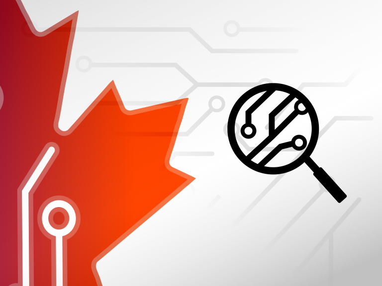 AI research blog cover with a Canadian maple leaf and magnifying glass icon